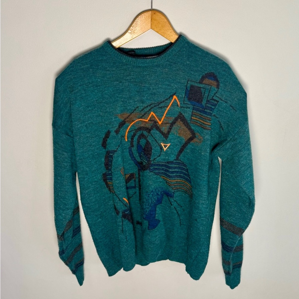 Cambio Italia Vintage Men’s Teal Wool Blend Abstract Crewneck Sweater | XLT